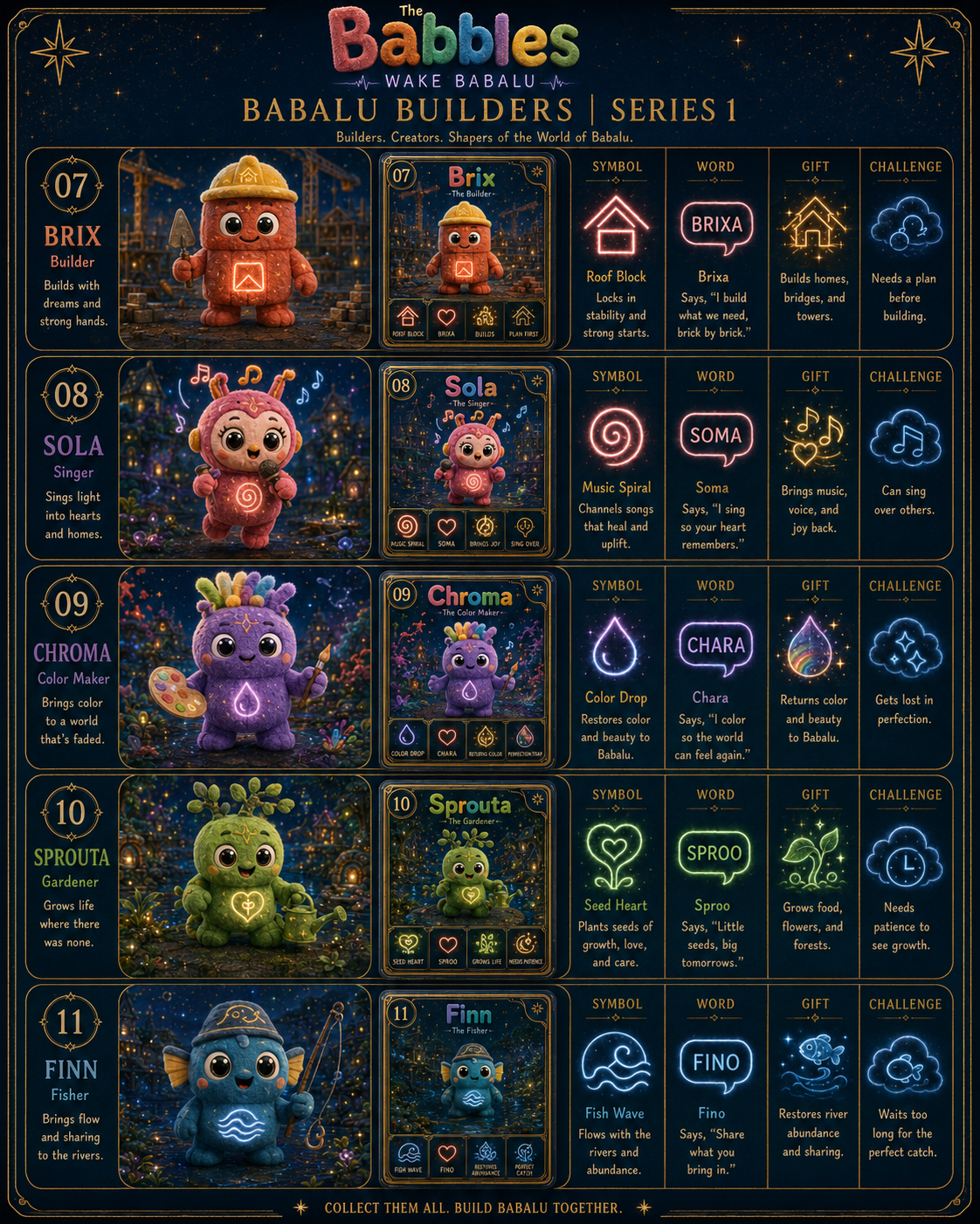 Builders 07–11 collector sheet: Brix, Sola, Chroma, Sprouta, and Finn