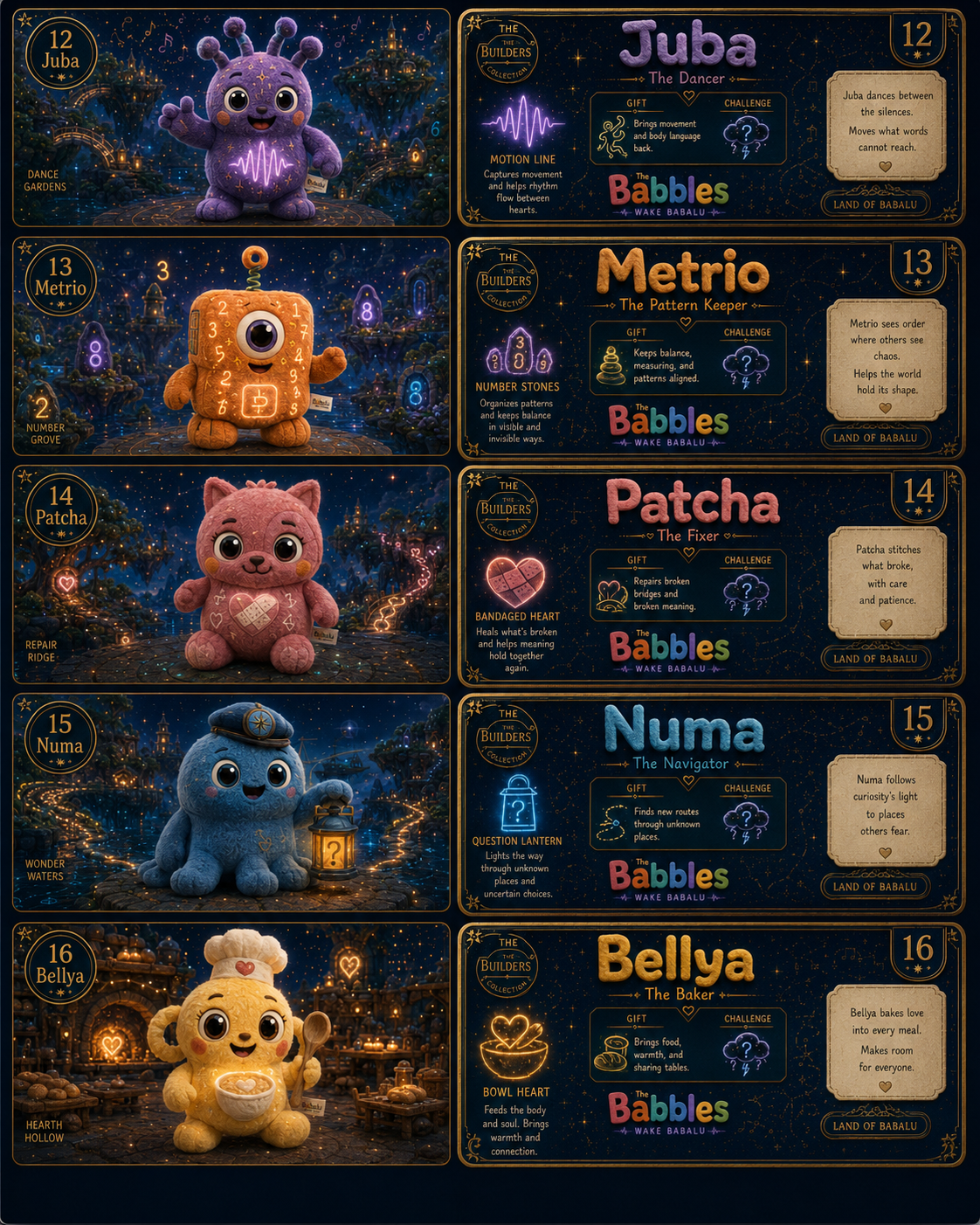 Builders 12–16 collector sheet: Juba, Metrio, Patcha, Numa, and Bellya