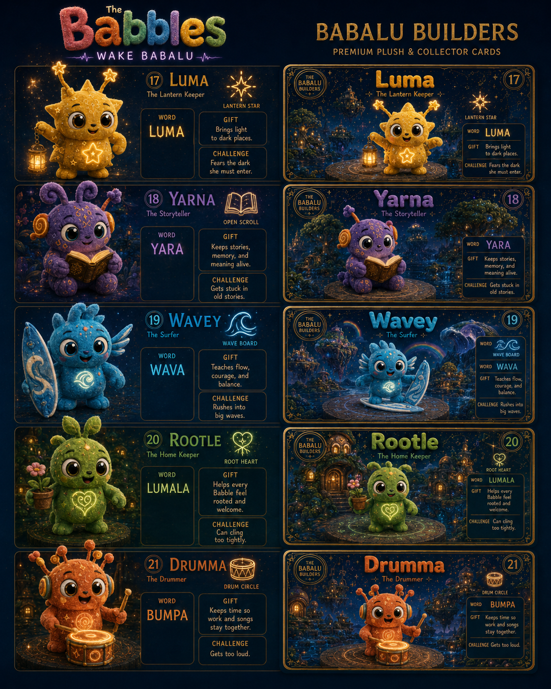 Builders 17–21 collector sheet: Luma, Yarna, Wavey, Rootle, and Drumma