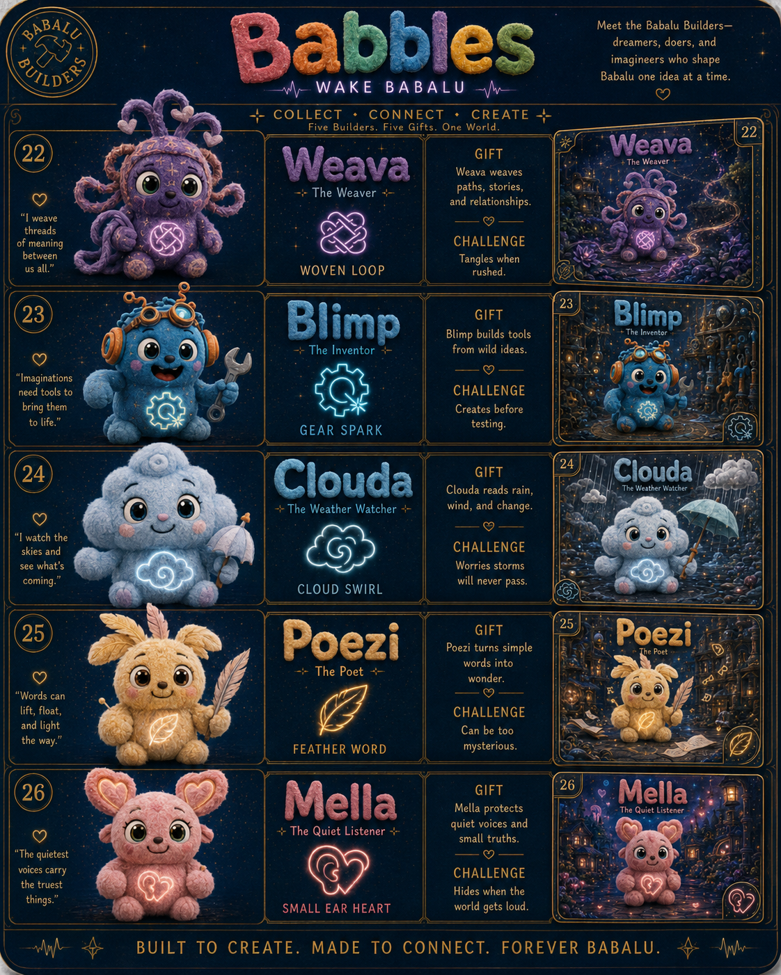 Builders 22–26 collector sheet: Weava, Blimp, Clouda, Poezi, and Mella