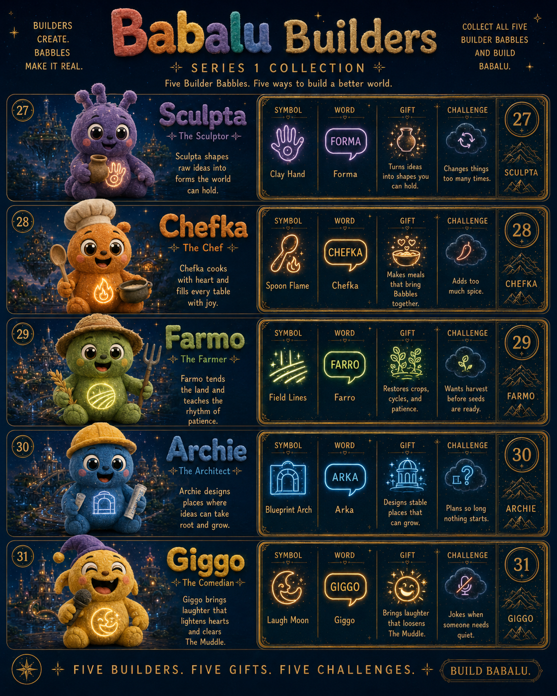 Builders 27–31 collector sheet: Sculpta, Chefka, Farmo, Archie, and Giggo
