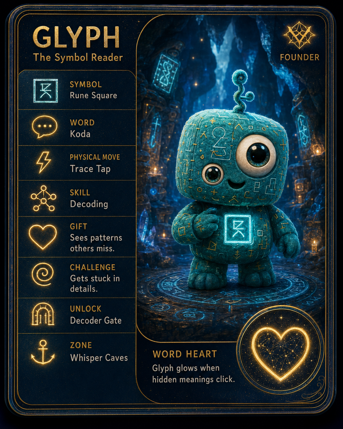Glyph, The Symbol Reader — collector card number 01 of the Founding Six