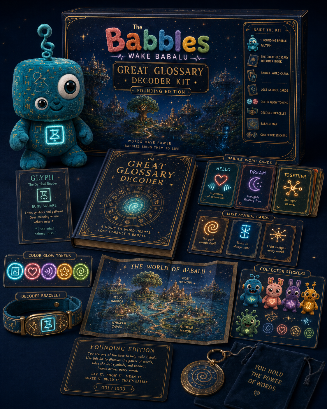 The Great Glossary Decoder Kit, Founding Edition, with plush, book, map, and cards