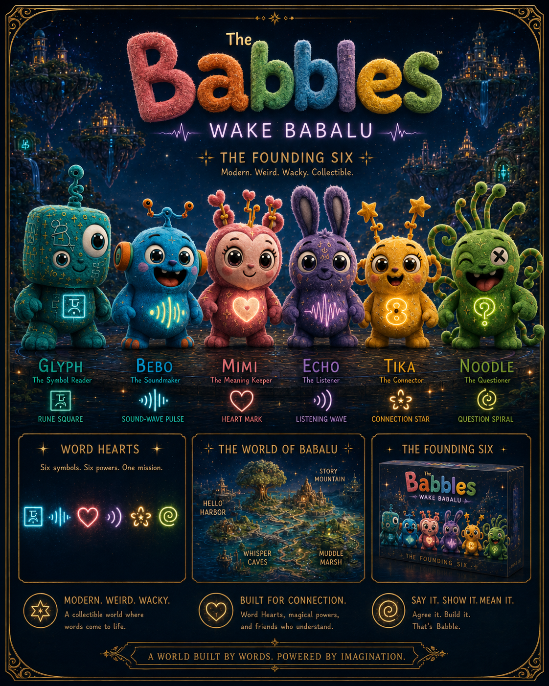 The Founding Six Babbles lineup on a dark night-world poster: Glyph, Bebo, Mimi, Echo, Tika, and Noodle, each with a glowing chest symbol