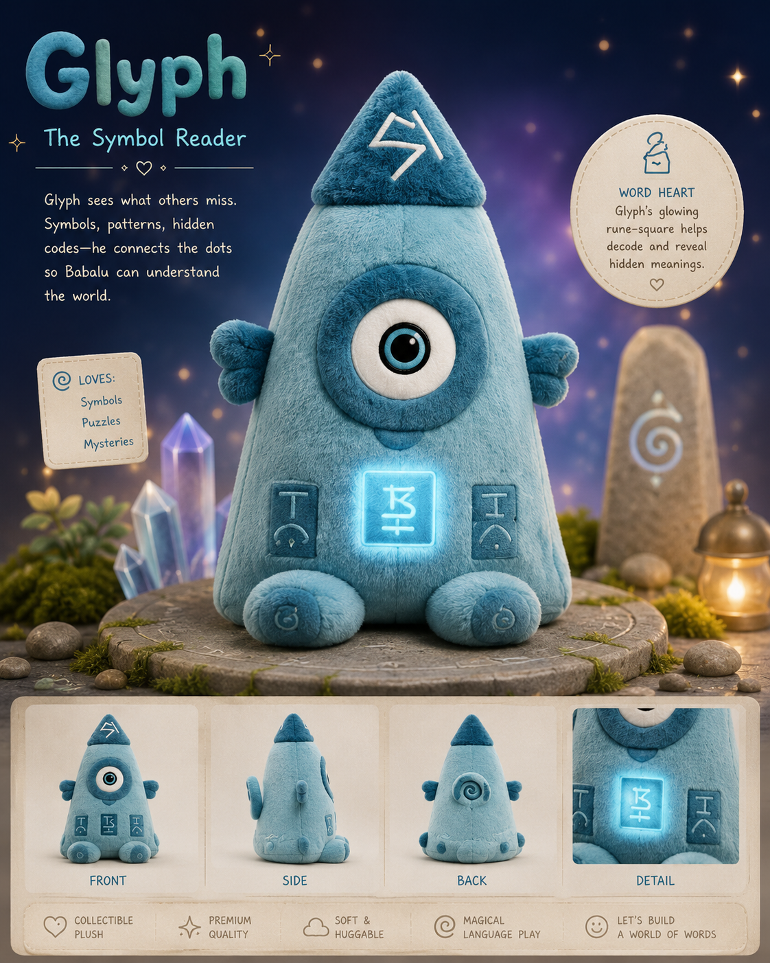 Glyph the Symbol Reader, a blue plush with a glowing rune chest