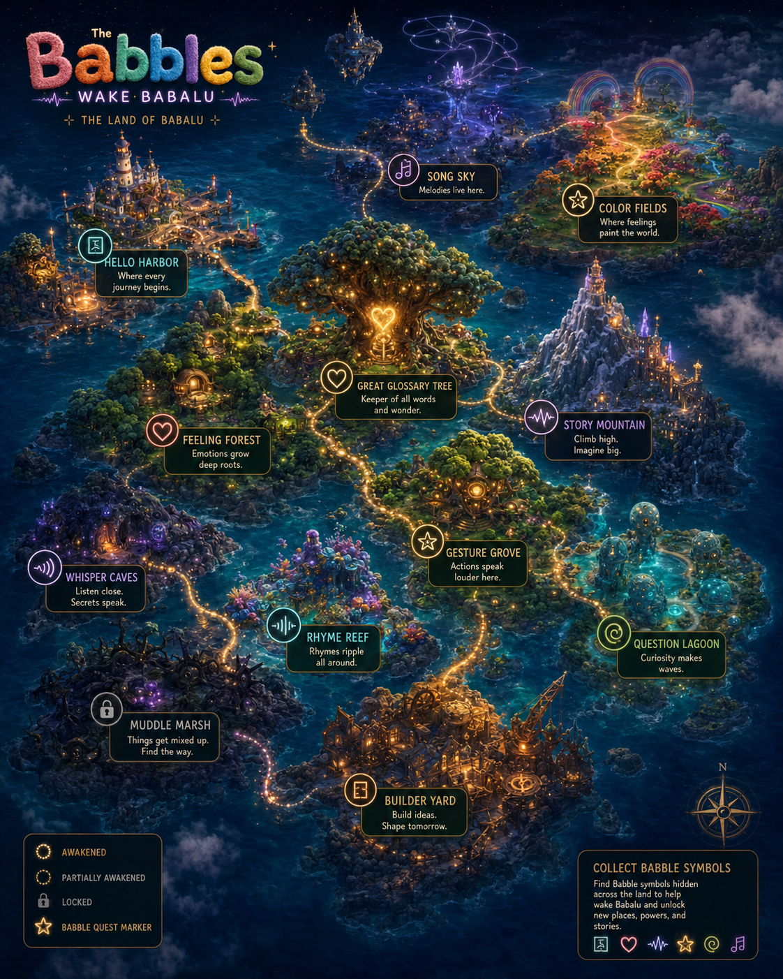 The full Land of Babalu world map, showing all twelve zones — Hello Harbor, Whisper Caves, Song Sky, Feeling Forest, Question Lagoon and more — with a legend