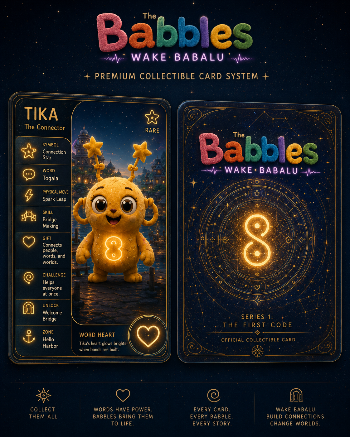 The premium two-card system: a character card paired with its Babble word card