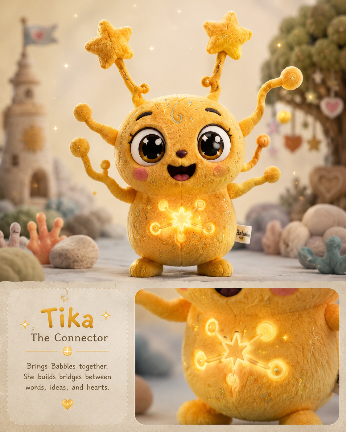 Tika the Connector, a golden plush with a glowing star chest
